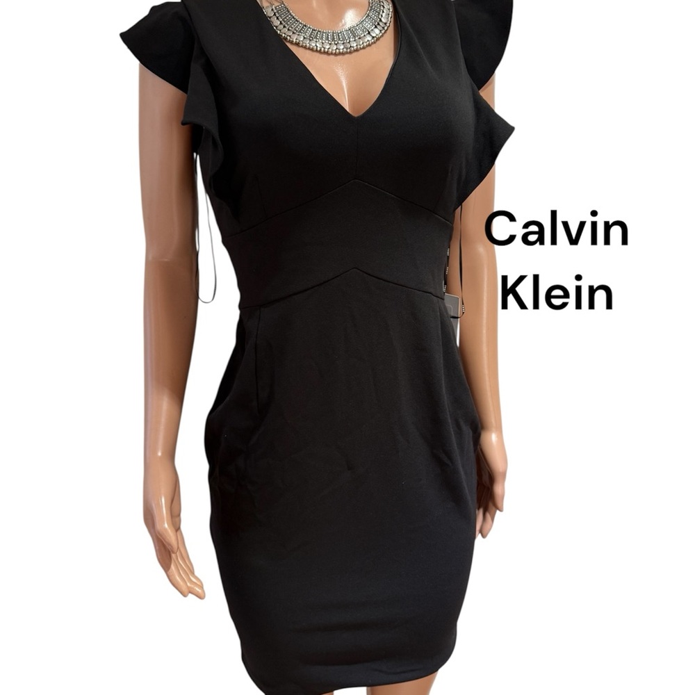 Calvin Klein Black Sheath Mini Dress with Flutter Cap Sleeves